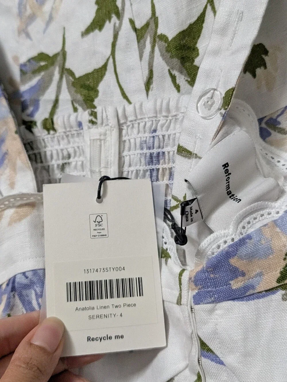 NWT Reformation Anatolia Linen Two Piece Ivory - Size 4 Serenity Floral Set